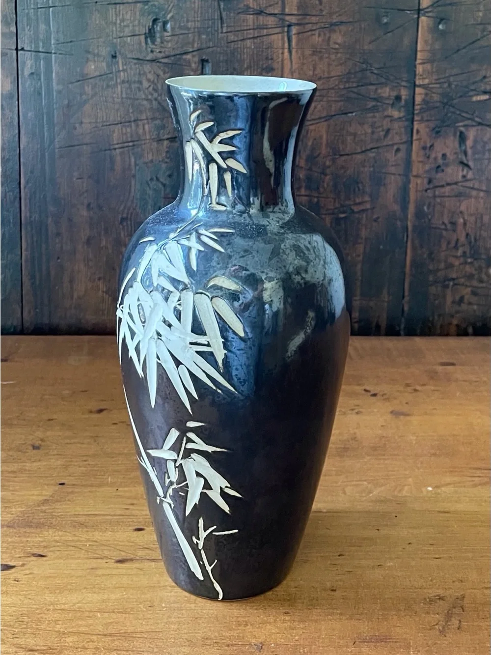 Vintage Mid Century Mod Black With Etched Bamboo Design Japanese Pottery Vase 9”